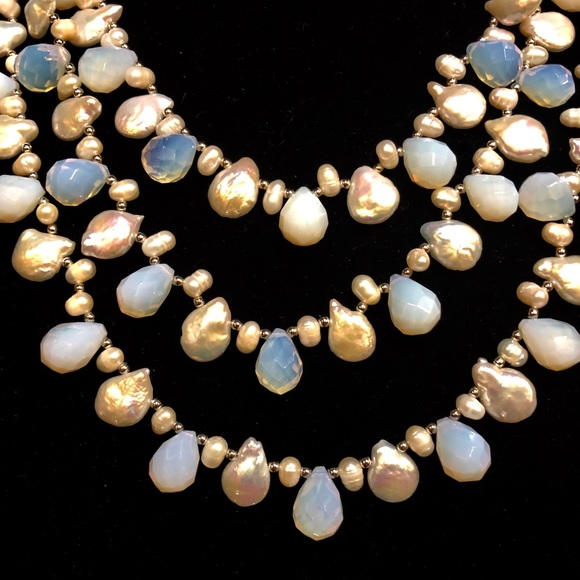 Gorgeous Opalite & White Pearl 3 Strand Necklace - Picture 2 of 6